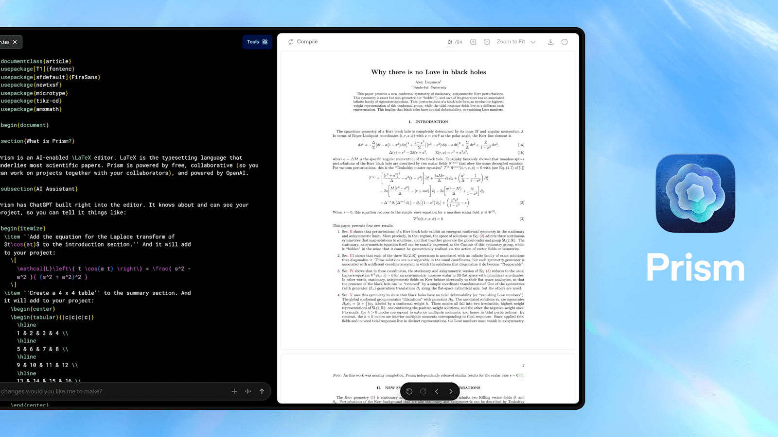 OpenAI 发布 Prism:一款免费的 AI 原生科学写作与协作工作区